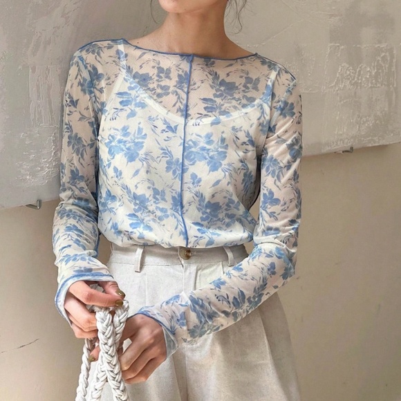 Blue Floral Sheer Long Sleeve Tee - Picture 4 of 6